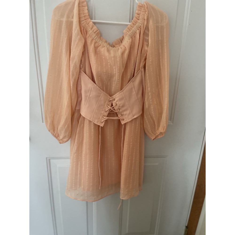 GUESS Coral Peach Corset Mini Dress XS Puff Sleeve Romantic Cottagecore - Picture 4 of 7